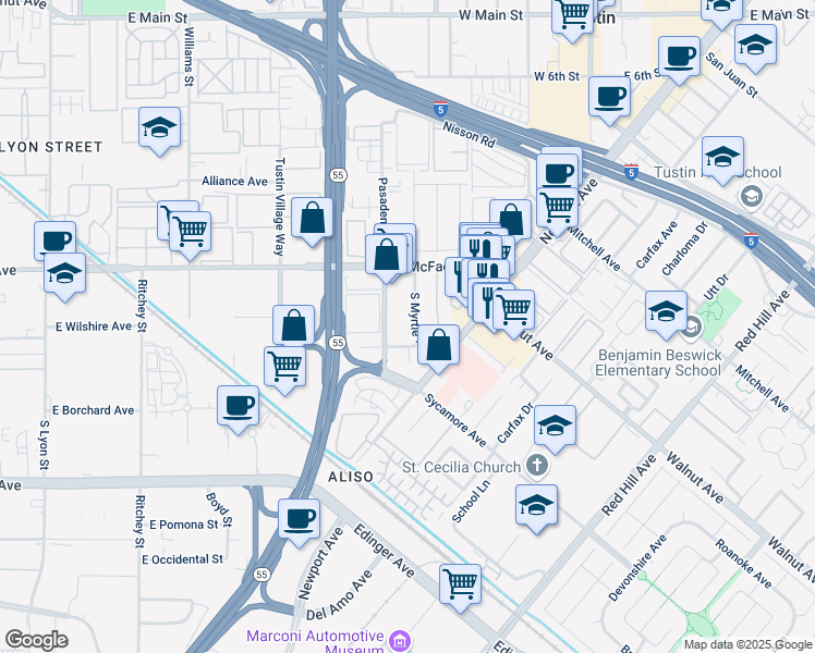 map of restaurants, bars, coffee shops, grocery stores, and more near 15921 South Myrtle Avenue in Tustin