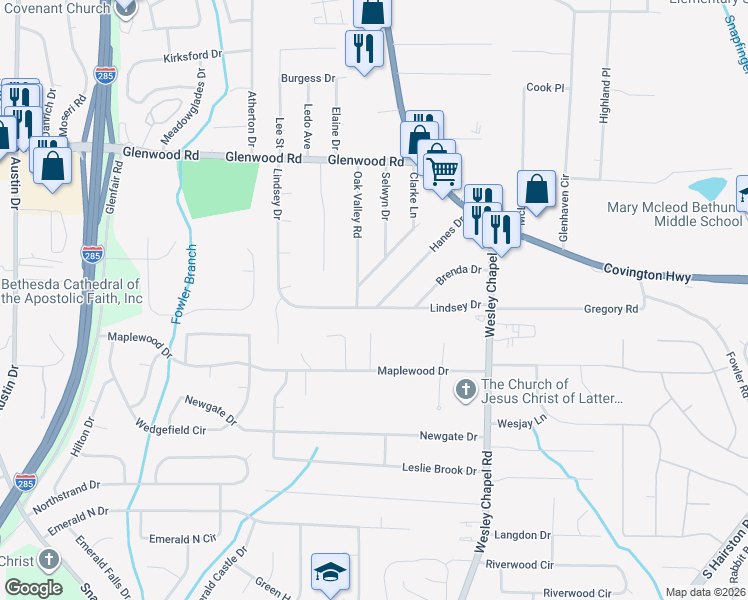 map of restaurants, bars, coffee shops, grocery stores, and more near 4134 Hanes Drive in Decatur