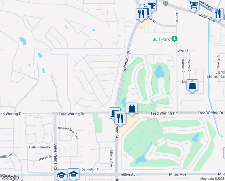 map of restaurants, bars, coffee shops, grocery stores, and more near 43647 Parkway Esplanade East in La Quinta