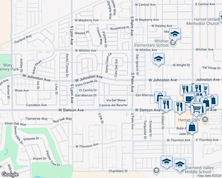 map of restaurants, bars, coffee shops, grocery stores, and more near 970 Ramada Way in Hemet