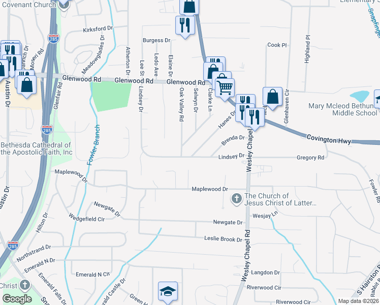 map of restaurants, bars, coffee shops, grocery stores, and more near 4134 Hanes Drive in Decatur