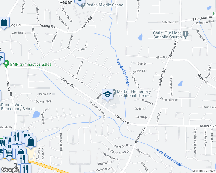 map of restaurants, bars, coffee shops, grocery stores, and more near 2086 Singer Way in Lithonia