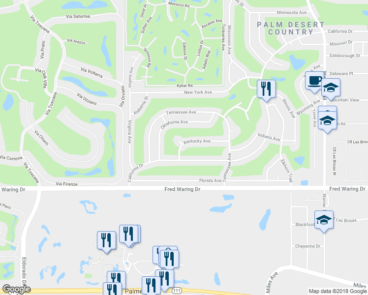 map of restaurants, bars, coffee shops, grocery stores, and more near 76747 Kentucky Avenue in Palm Desert