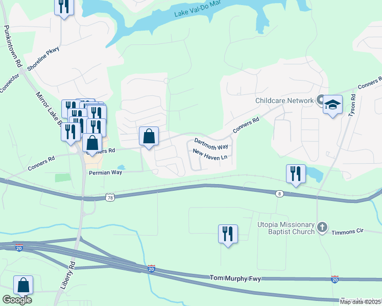 map of restaurants, bars, coffee shops, grocery stores, and more near 2049 Dartmoth Way in Villa Rica