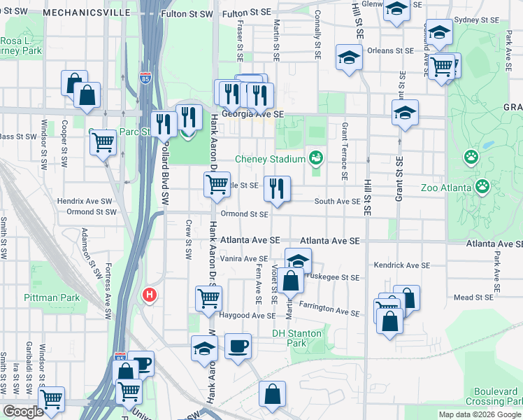 map of restaurants, bars, coffee shops, grocery stores, and more near 92 Ormond Street Southeast in Atlanta