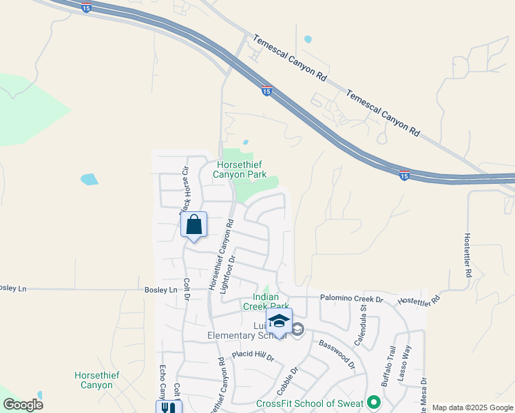 map of restaurants, bars, coffee shops, grocery stores, and more near 26721 Kicking Horse Drive in Corona