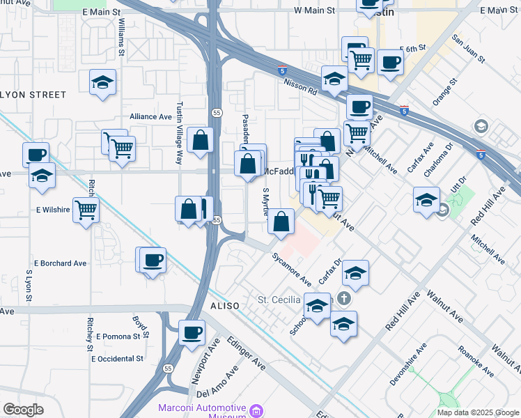 map of restaurants, bars, coffee shops, grocery stores, and more near 15921 South Myrtle Avenue in Tustin