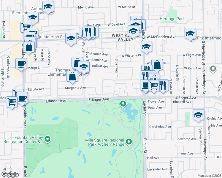 map of restaurants, bars, coffee shops, grocery stores, and more near 10728 Peony Circle in Fountain Valley