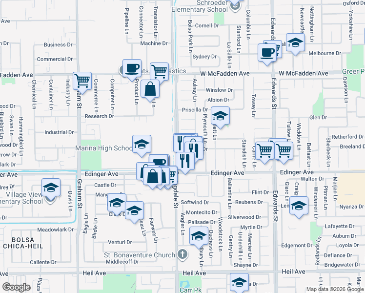 map of restaurants, bars, coffee shops, grocery stores, and more near 6061 Royalist Drive in Huntington Beach