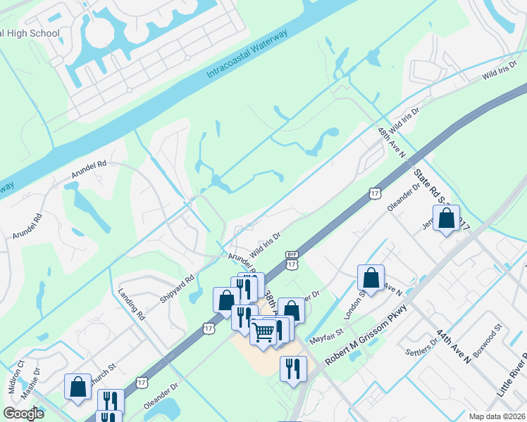 map of restaurants, bars, coffee shops, grocery stores, and more near 4627 Wild Iris Drive in Myrtle Beach