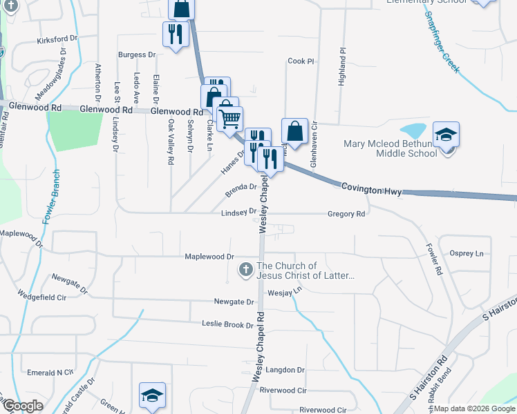 map of restaurants, bars, coffee shops, grocery stores, and more near 4272 Lindsey Drive in Decatur