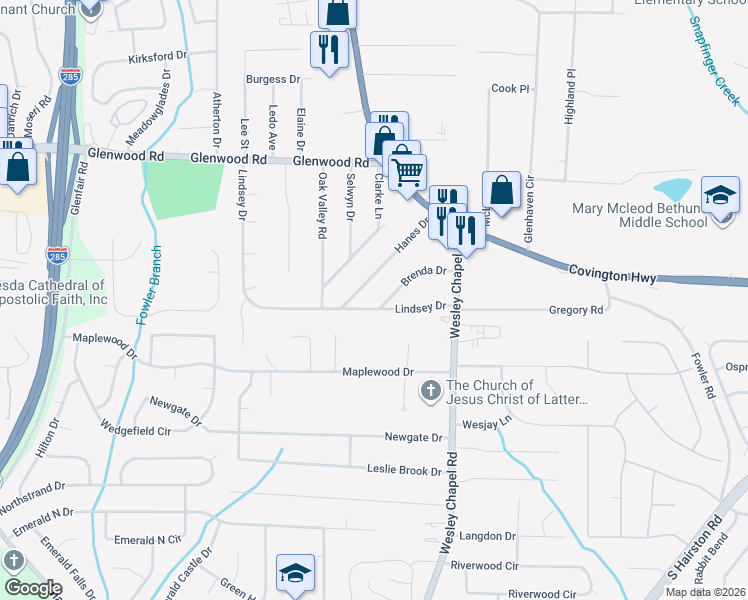 map of restaurants, bars, coffee shops, grocery stores, and more near 4100 Brenda Drive in Decatur