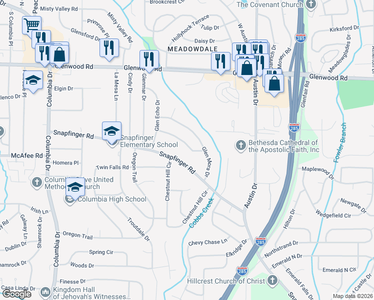 map of restaurants, bars, coffee shops, grocery stores, and more near 3674 Glen Falls Drive in Decatur