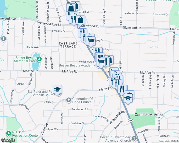 map of restaurants, bars, coffee shops, grocery stores, and more near 2533 McAfee Road in Decatur