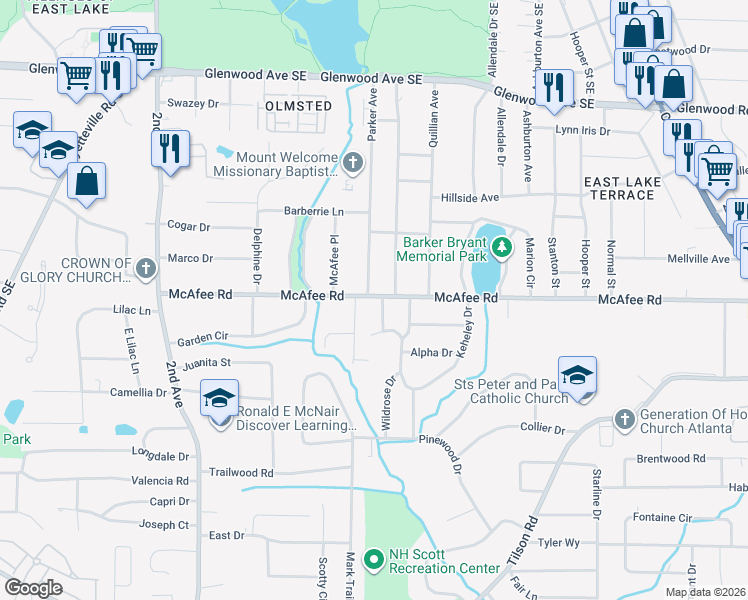 map of restaurants, bars, coffee shops, grocery stores, and more near 2021 Connie Lane in Decatur