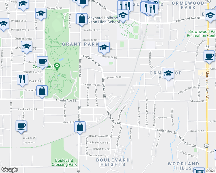 map of restaurants, bars, coffee shops, grocery stores, and more near 701 Delmar Avenue Southeast in Atlanta