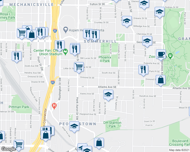 map of restaurants, bars, coffee shops, grocery stores, and more near 92 Ormond Street Southeast in Atlanta