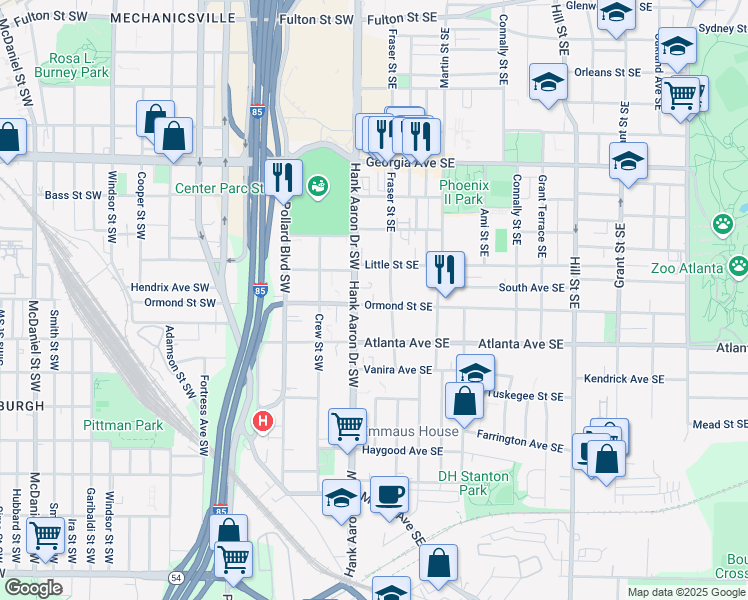 map of restaurants, bars, coffee shops, grocery stores, and more near 26 Ormond Street Southwest in Atlanta