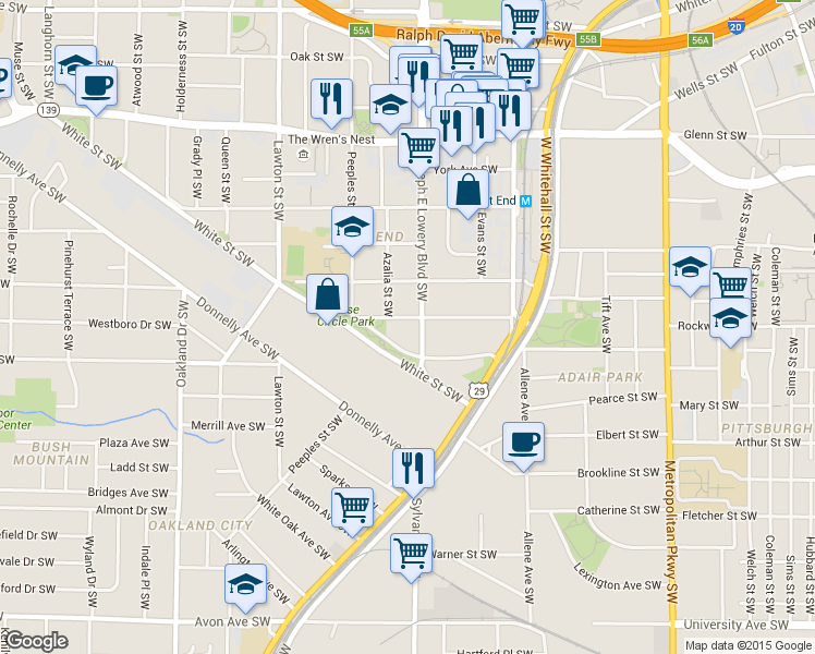map of restaurants, bars, coffee shops, grocery stores, and more near 930 White Street Southwest in Atlanta