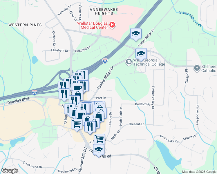 map of restaurants, bars, coffee shops, grocery stores, and more near 2685 Hillside Drive in Douglasville