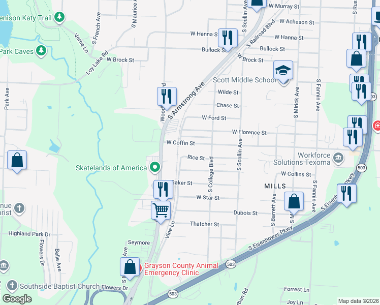 map of restaurants, bars, coffee shops, grocery stores, and more near 1025 Rice Street in Denison