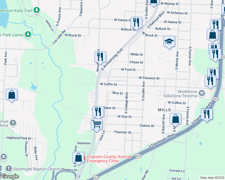 map of restaurants, bars, coffee shops, grocery stores, and more near 1025 Rice Street in Denison