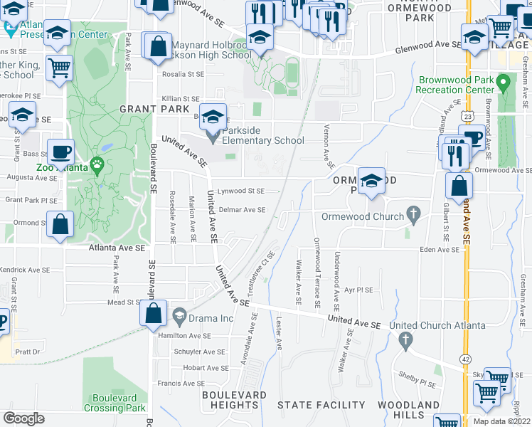 map of restaurants, bars, coffee shops, grocery stores, and more near 787 Delmar Avenue Southeast in Atlanta