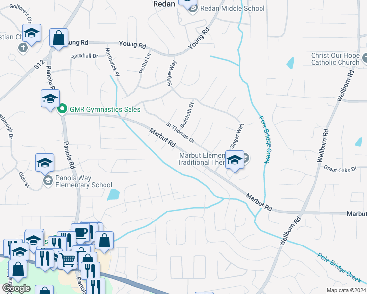 map of restaurants, bars, coffee shops, grocery stores, and more near 5676 Marbut Road in Lithonia