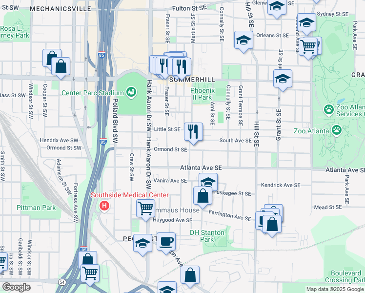 map of restaurants, bars, coffee shops, grocery stores, and more near 92 Ormond Street Southeast in Atlanta