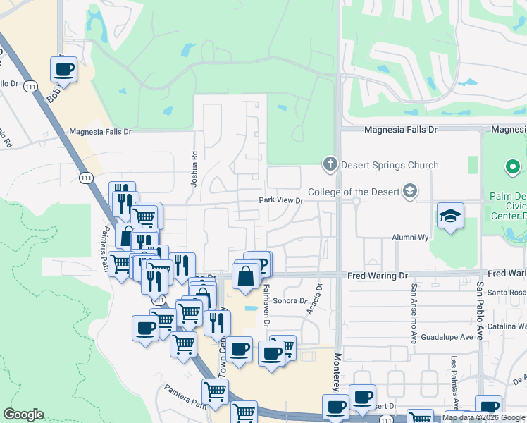 map of restaurants, bars, coffee shops, grocery stores, and more near 268 Paseo Vista Circle in Palm Desert