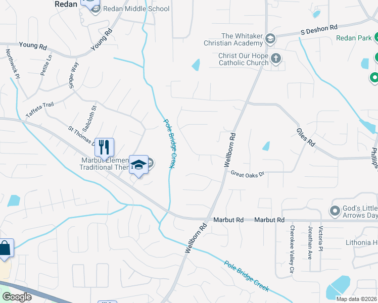 map of restaurants, bars, coffee shops, grocery stores, and more near 5890 Bobbin Lane in Lithonia