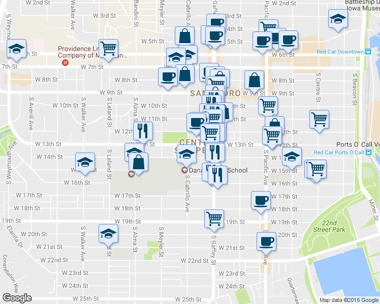 map of restaurants, bars, coffee shops, grocery stores, and more near 1322 South Cabrillo Avenue in Los Angeles