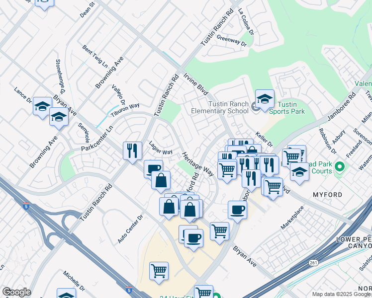 map of restaurants, bars, coffee shops, grocery stores, and more near 2564 San Saba Street in Tustin