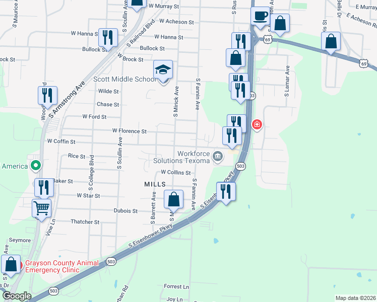 map of restaurants, bars, coffee shops, grocery stores, and more near 504 West Coffin Street in Denison