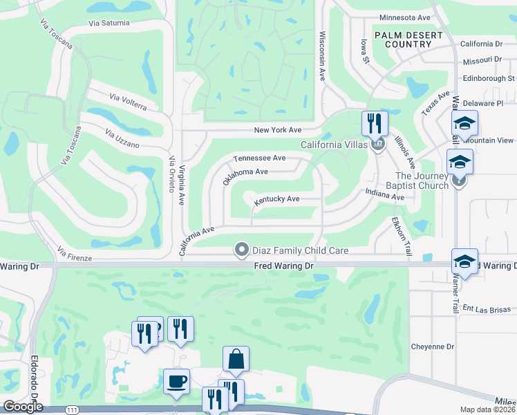 map of restaurants, bars, coffee shops, grocery stores, and more near 76747 Kentucky Avenue in Palm Desert