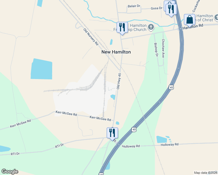 map of restaurants, bars, coffee shops, grocery stores, and more near 49462 Old Highway 45 in Hamilton