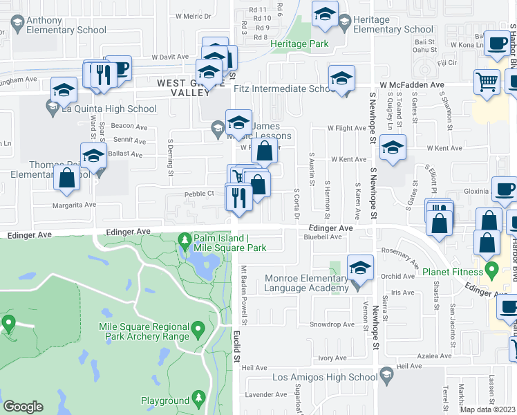 map of restaurants, bars, coffee shops, grocery stores, and more near 5015 West Edinger Avenue in Santa Ana