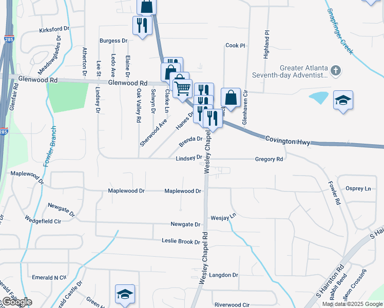 map of restaurants, bars, coffee shops, grocery stores, and more near 4262 Lindsey Drive in Decatur