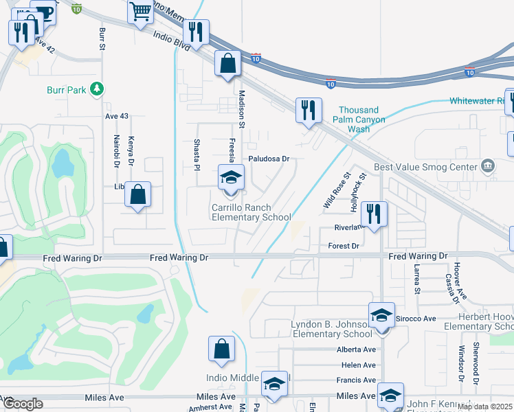 map of restaurants, bars, coffee shops, grocery stores, and more near 43700 Brahea Court in Indio