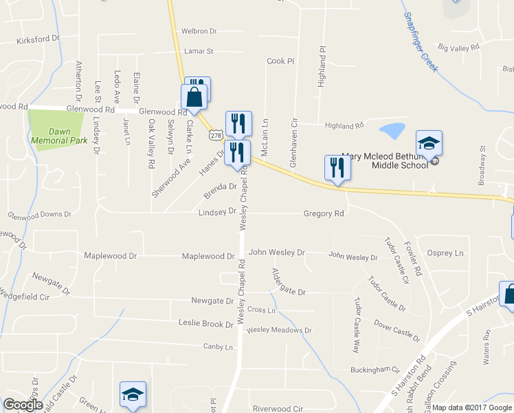 map of restaurants, bars, coffee shops, grocery stores, and more near 4310 Gregory Road in Decatur
