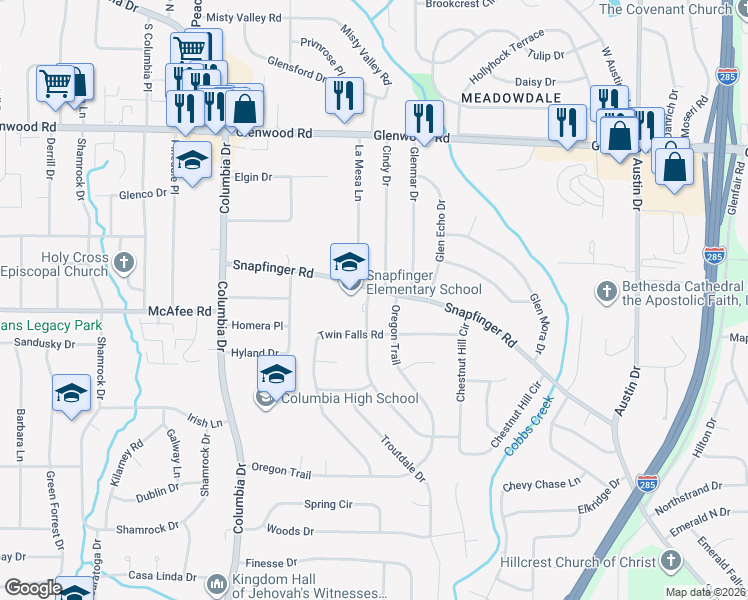 map of restaurants, bars, coffee shops, grocery stores, and more near in Candler-McAfee