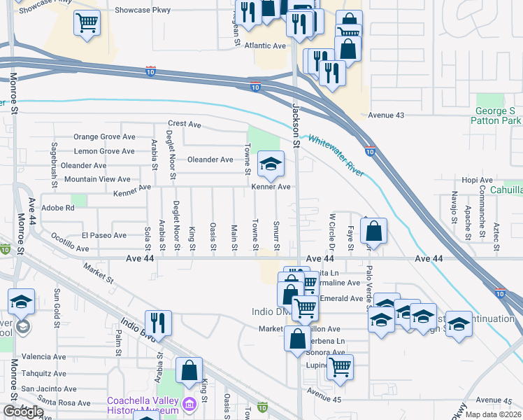 map of restaurants, bars, coffee shops, grocery stores, and more near 43656 Towne Street in Indio