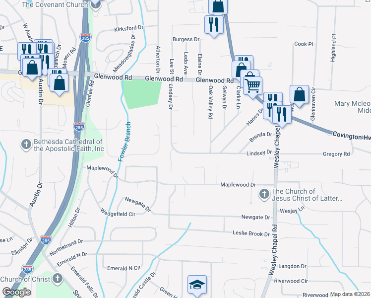 map of restaurants, bars, coffee shops, grocery stores, and more near 4100 Lindsey Drive in Decatur