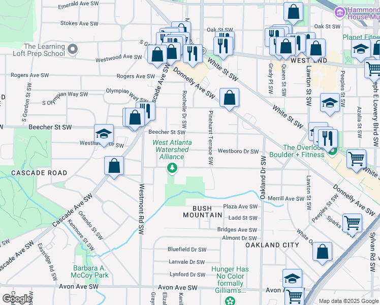 map of restaurants, bars, coffee shops, grocery stores, and more near 1398 Westboro Drive Southwest in Atlanta