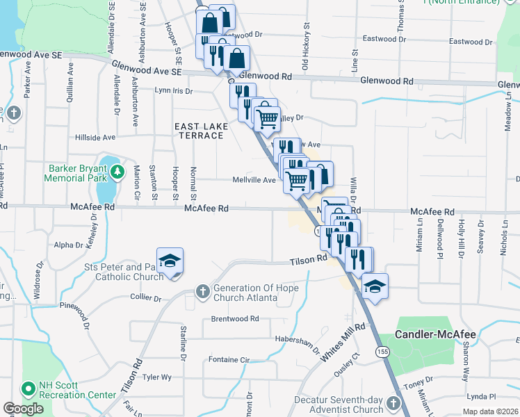 map of restaurants, bars, coffee shops, grocery stores, and more near 2538 McAfee Road in Decatur