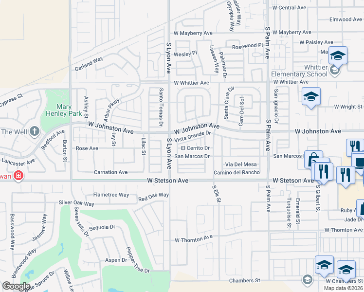 map of restaurants, bars, coffee shops, grocery stores, and more near 1640 El Cerrito Drive in Hemet