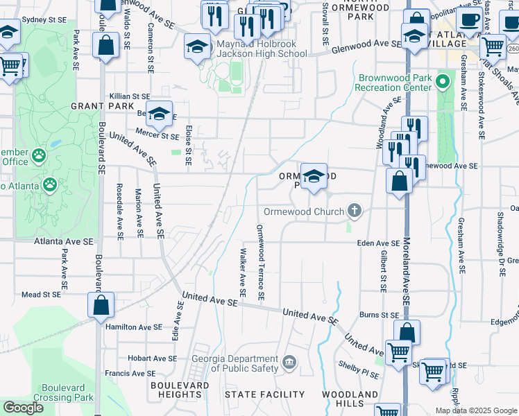 map of restaurants, bars, coffee shops, grocery stores, and more near 842 Ormewood Terrace Southeast in Atlanta