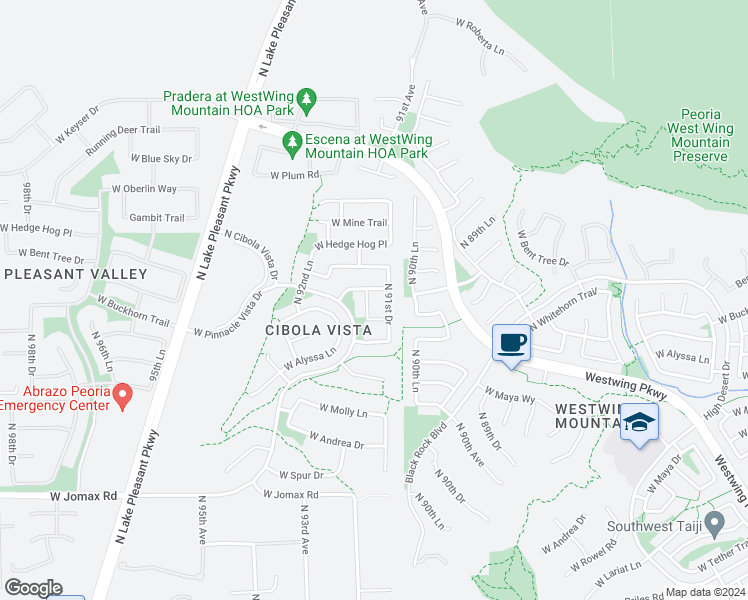 map of restaurants, bars, coffee shops, grocery stores, and more near 27355 North 91st Lane in Peoria