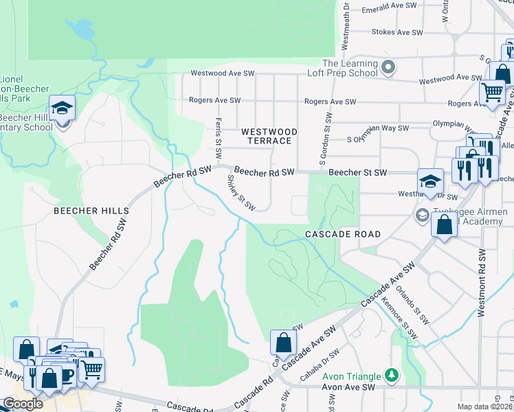map of restaurants, bars, coffee shops, grocery stores, and more near 1985 Shirley Street Southwest in Atlanta