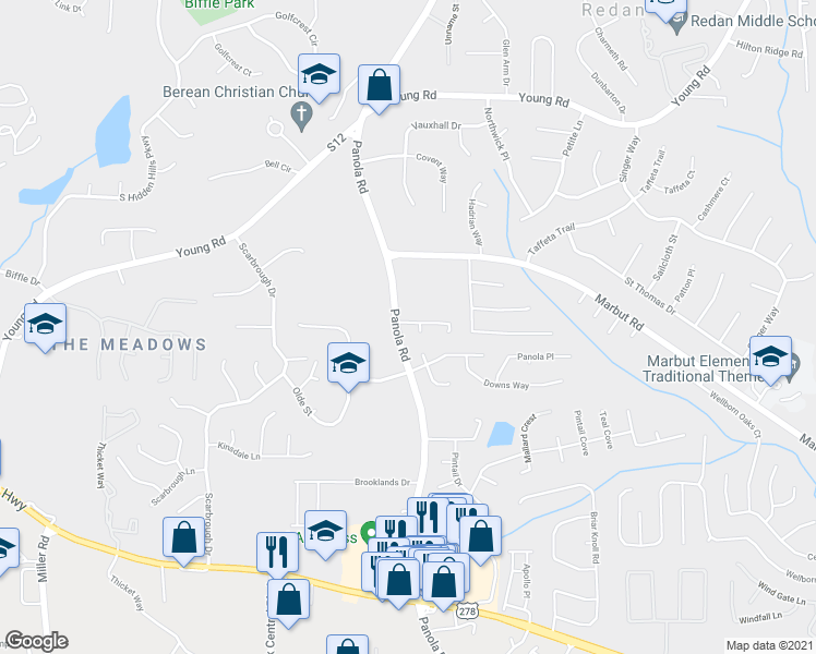map of restaurants, bars, coffee shops, grocery stores, and more near 5428 Forest Pines Drive in Lithonia